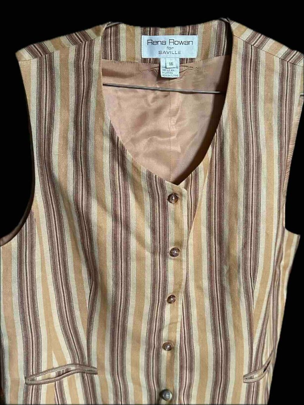 Vintage Rena Rowan Saville Vest Linen Lined XL 16 Like New Striped TanBrown - Picture 2 of 16
